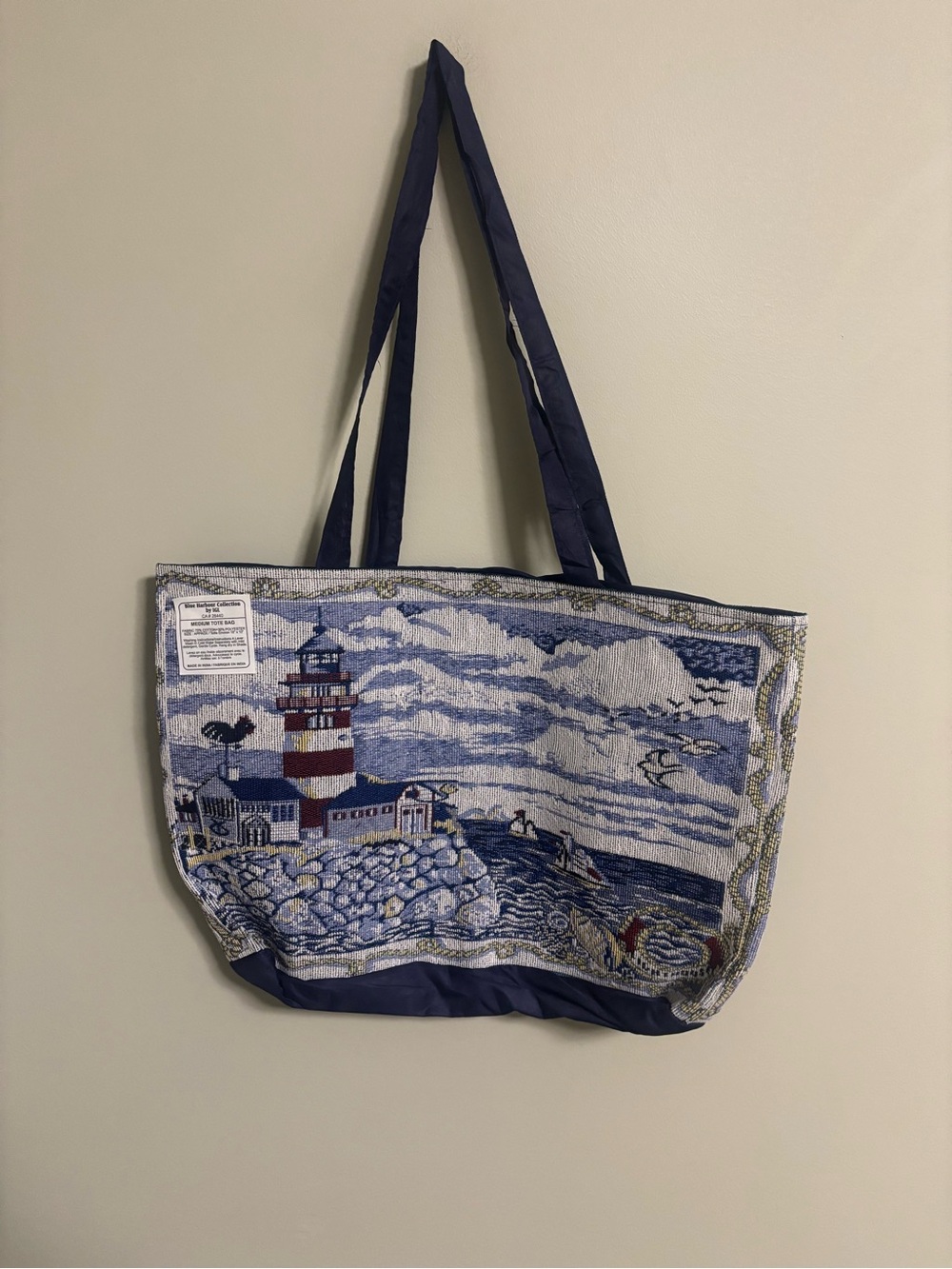 Vintage Blue Harbor Collection Lighthouse Woven Tapestry Tote Beach Bag Nautical